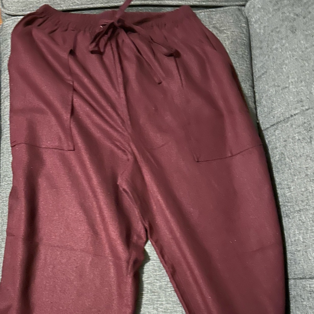 Burgundy Wine Silk Noil High Waisted Elastic Pants